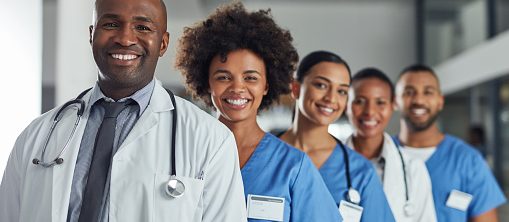 Portrait of a group of medical practitioners standing in a line in a hospital